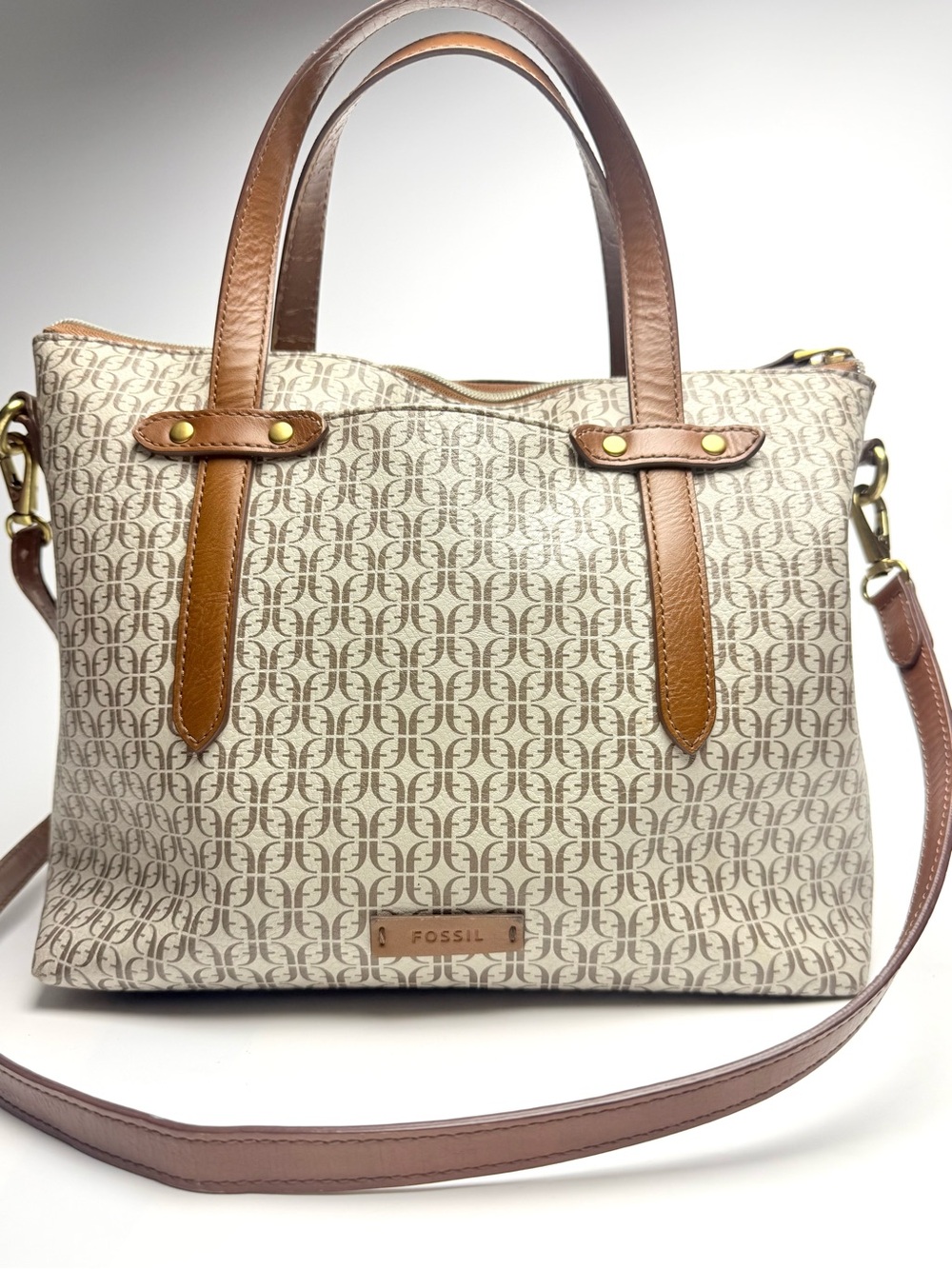 Fossil Cream and Brown Signature Tote with Adjustable Strap